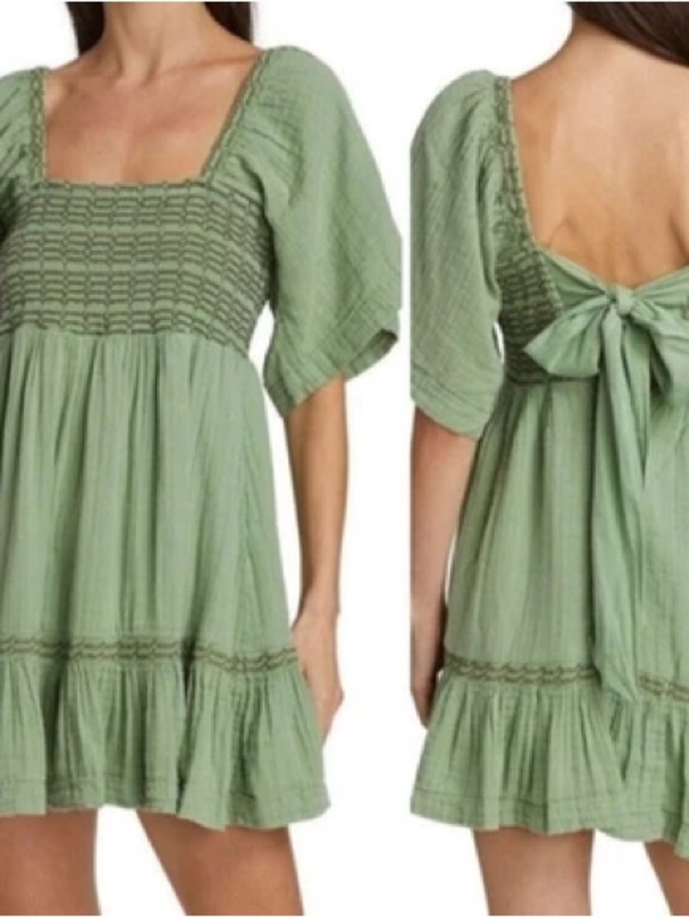 Free People Sage Green Smocked Mini Dress with Back Tie